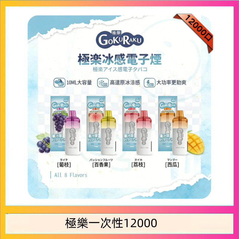 【8種口味】極楽 12000口一次性電子煙|超大容量 |口感絲滑|新品